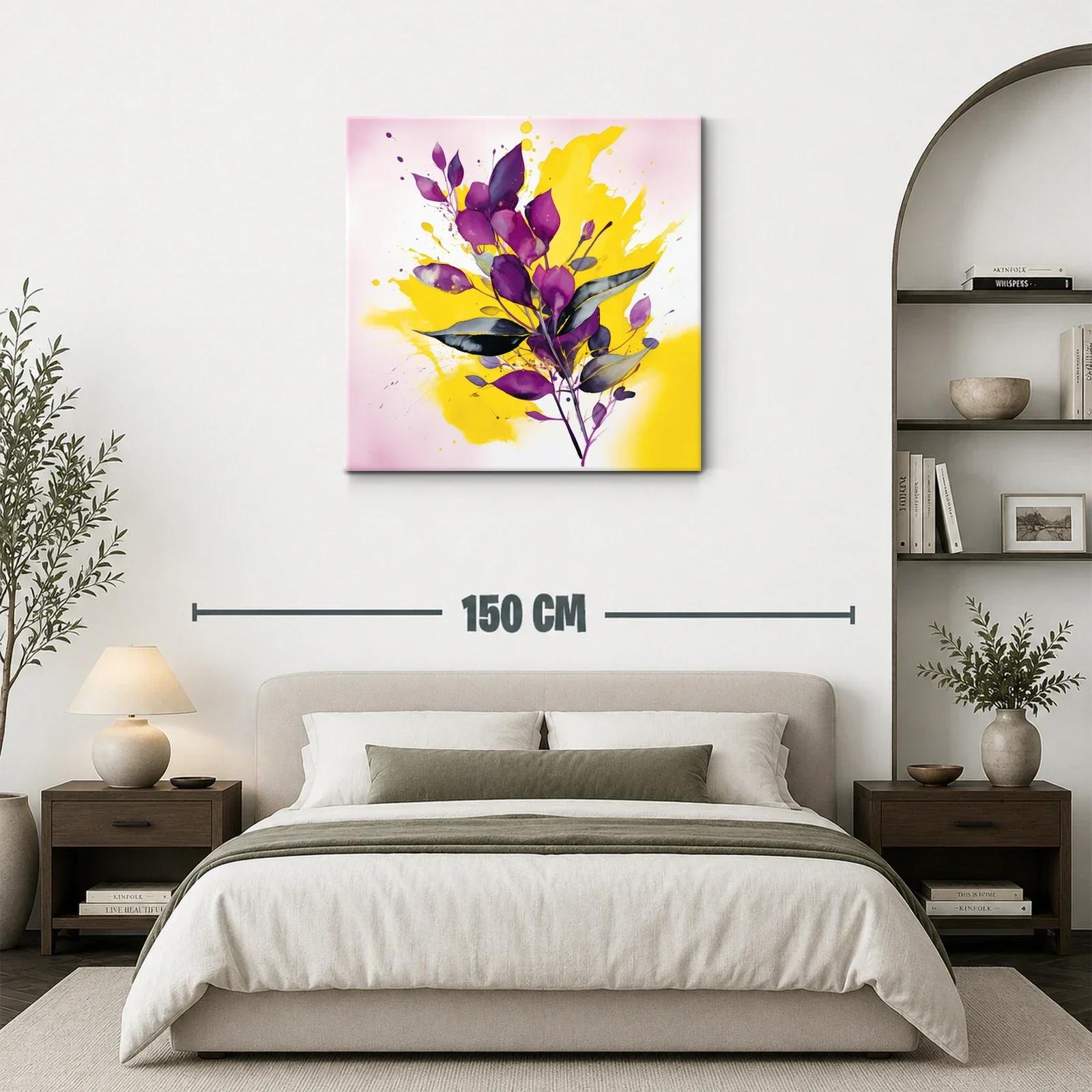 Cuadro moderno con hojas moradas y fondo amarillo vibrante — miniatura 3