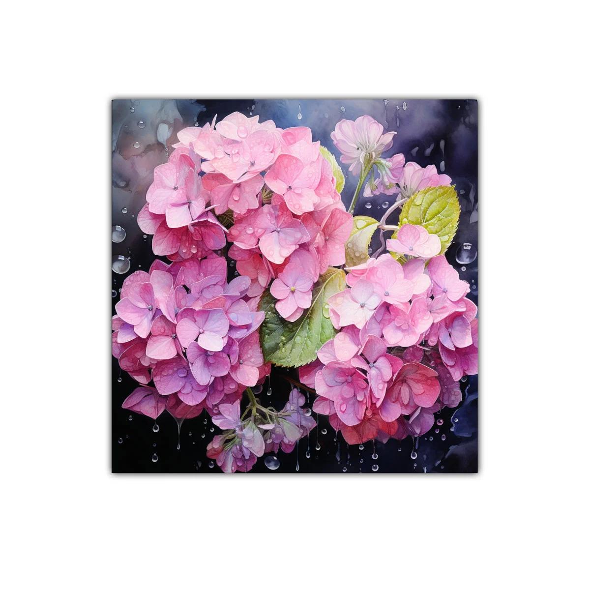 Cuadro decorativo con delicadas hortensias rosas y gotas de agua