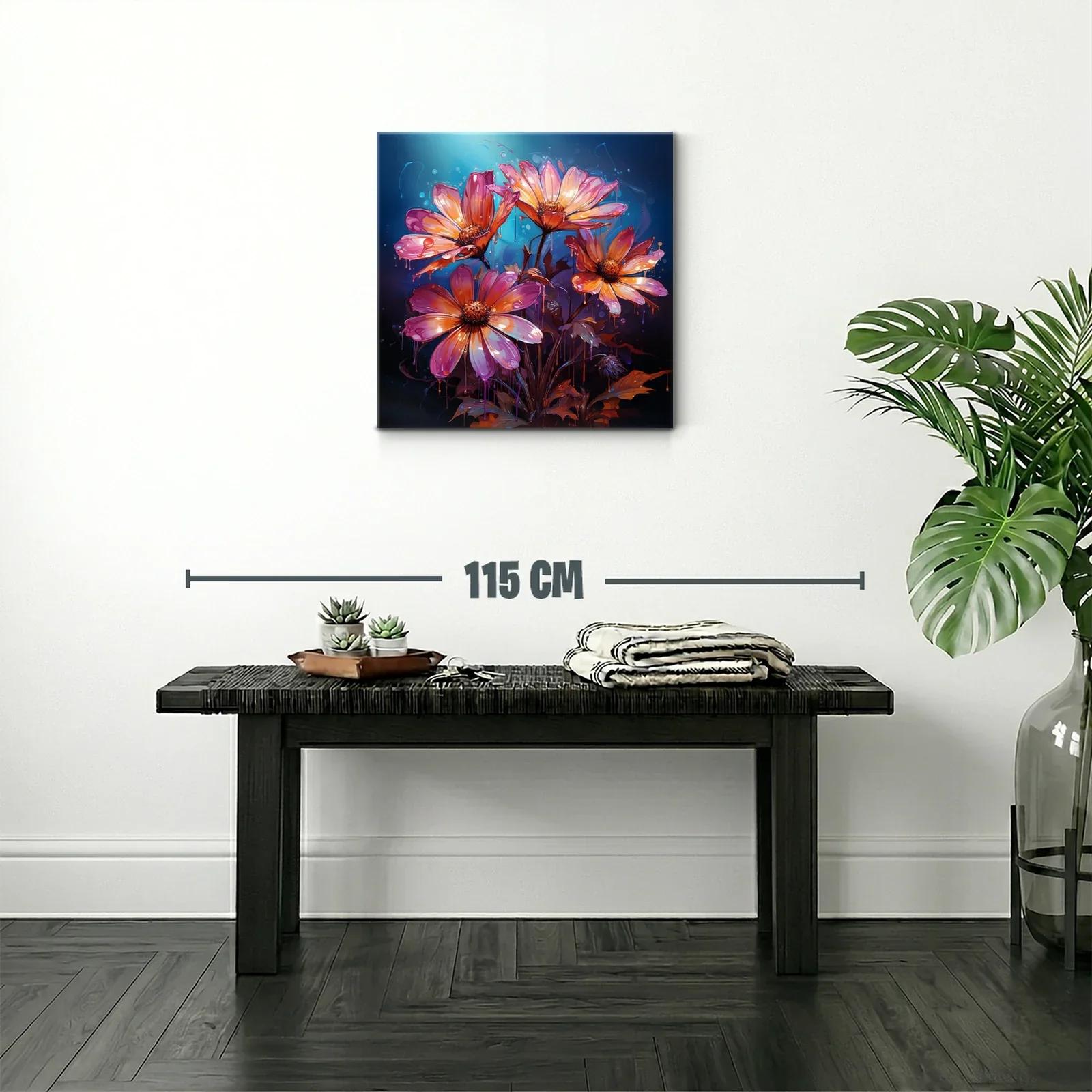 Cuadro floral vibrante con tonos cálidos y fondo azul oscuro — miniatura 2
