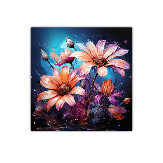 Cuadro con flores vibrantes en tonos cálidos y fondo azul