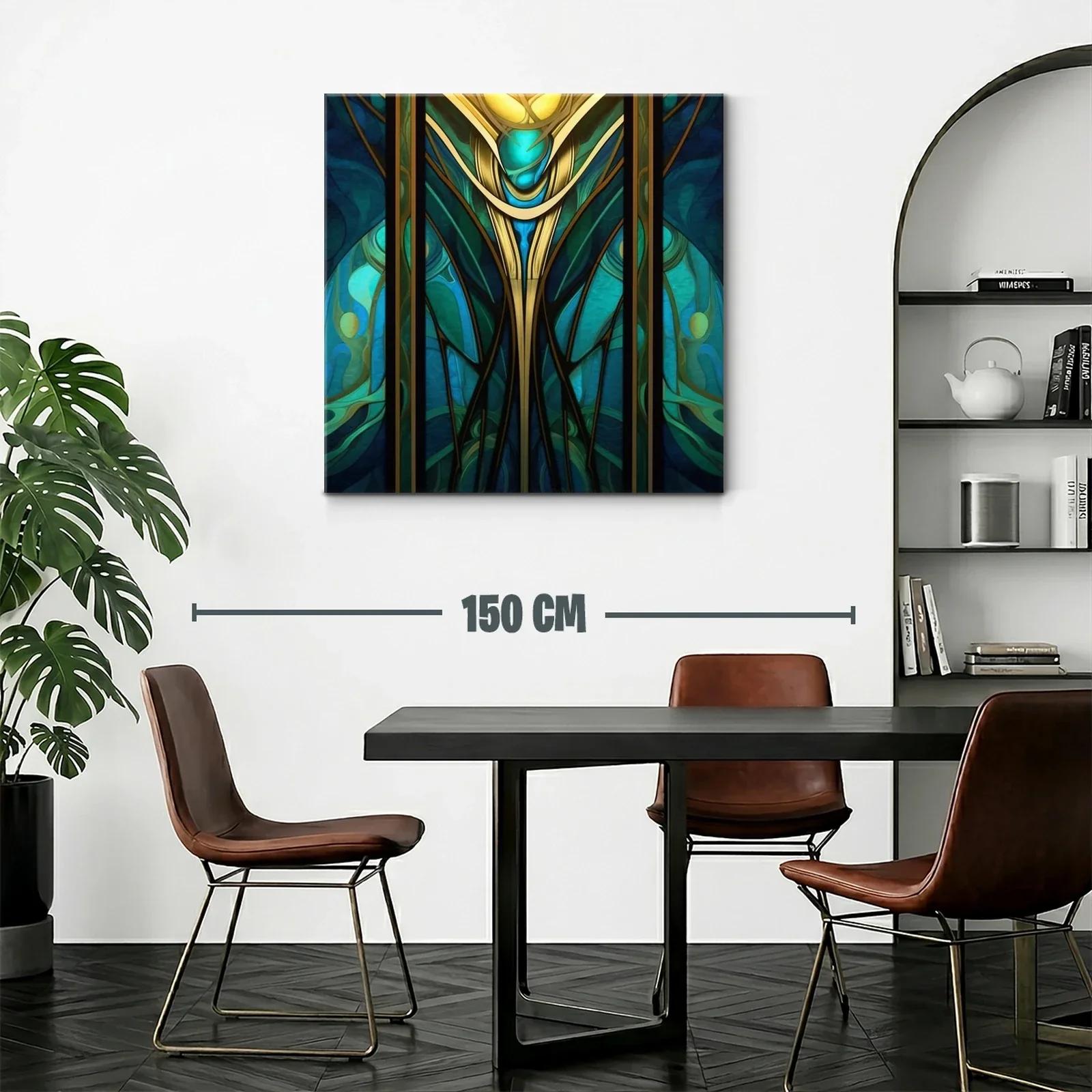 Cuadro abstracto con motivos dorados y turquesas vibrantes — miniatura 2