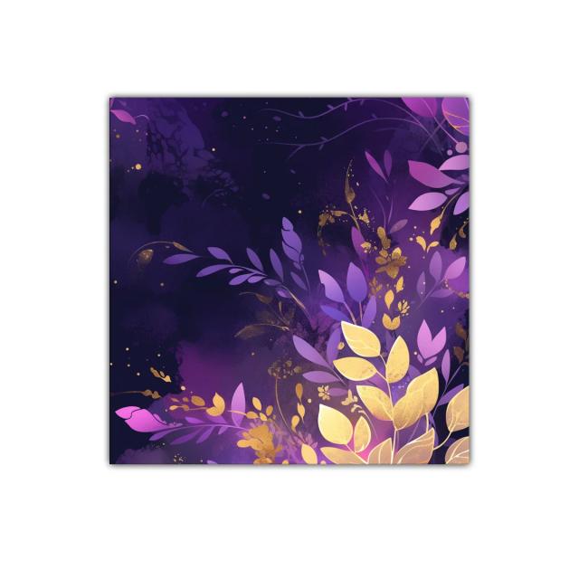 Cuadro decorativo con hojas doradas y tonos púrpuras intensos