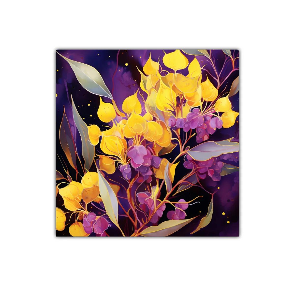 Cuadro decorativo con flores en tonos amarillos y morados