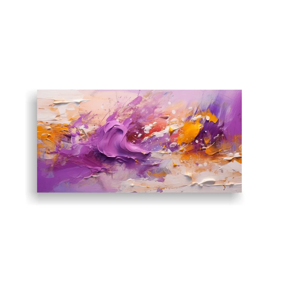 Cuadro abstracto morado y coral con empaste y salpicaduras