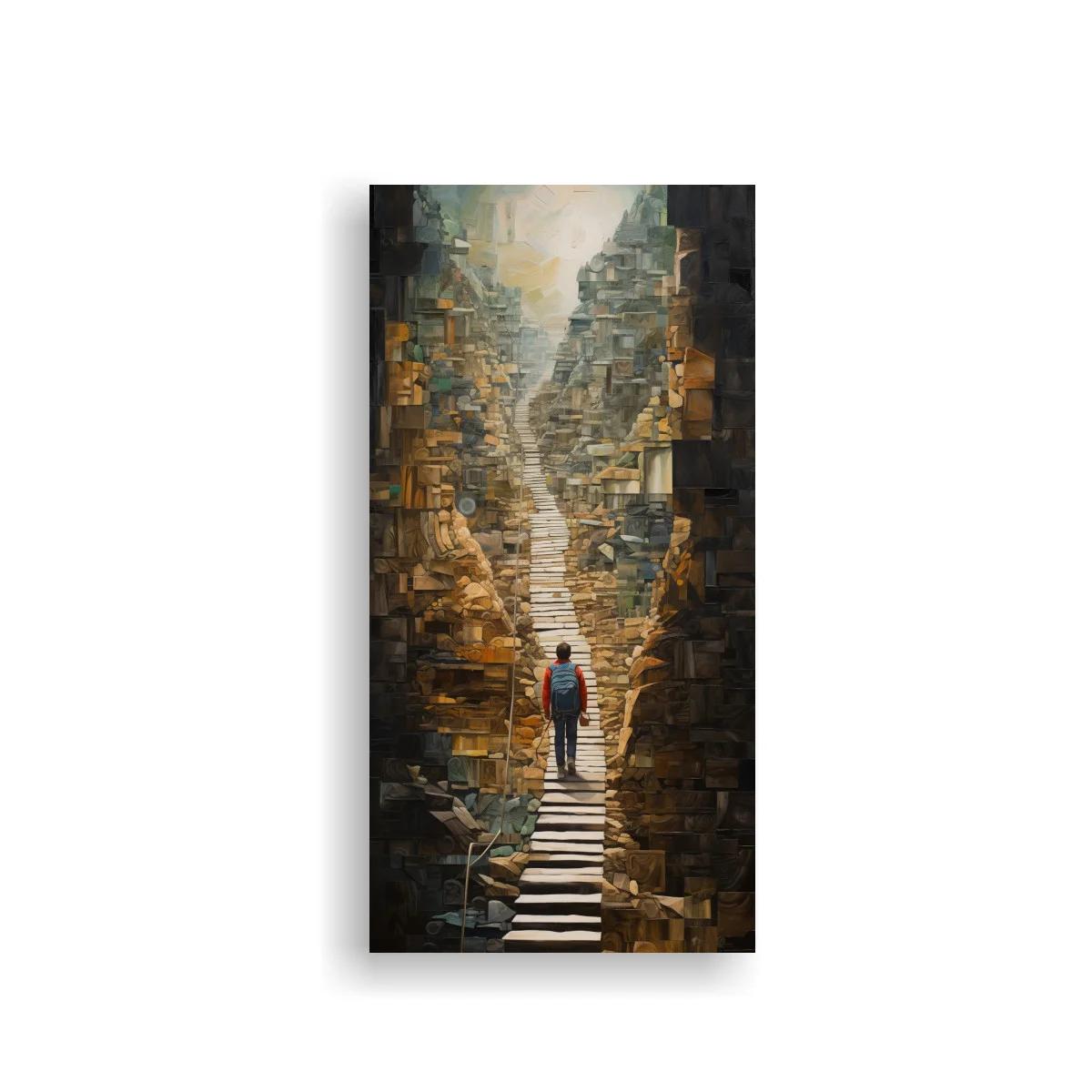 Cuadro hombre cruzando un puente de tablones en un cañón rocoso — imagen principal