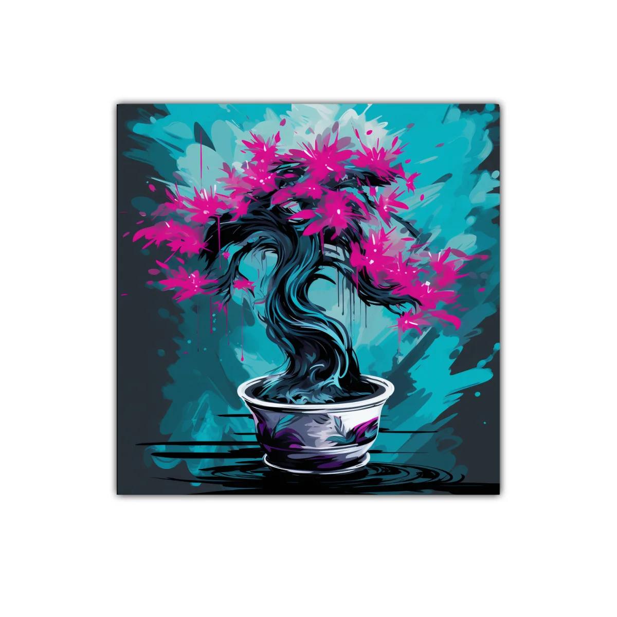 Árbol bonsái vibrante con flores fucsias sobre fondo azul