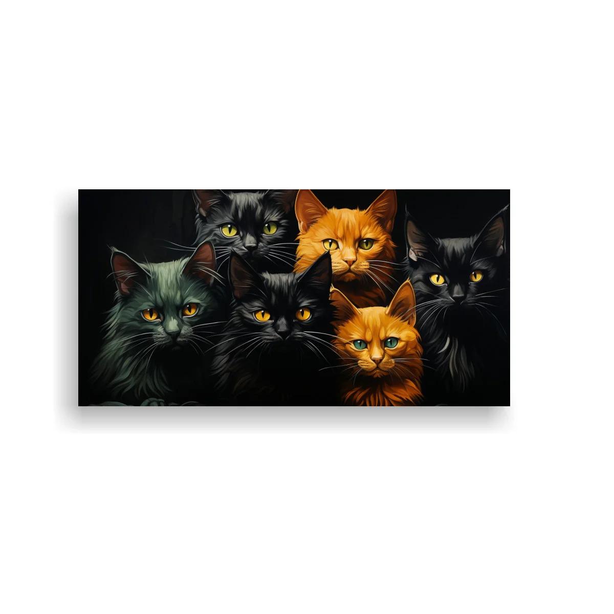 Cuadro cinco rostros de gatos con ojos brillantes
