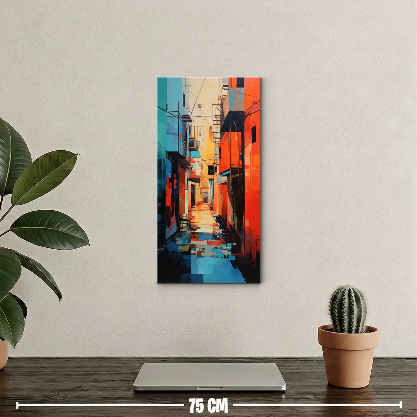 Cuadro callejón urbano turquesa y coral — miniatura 2