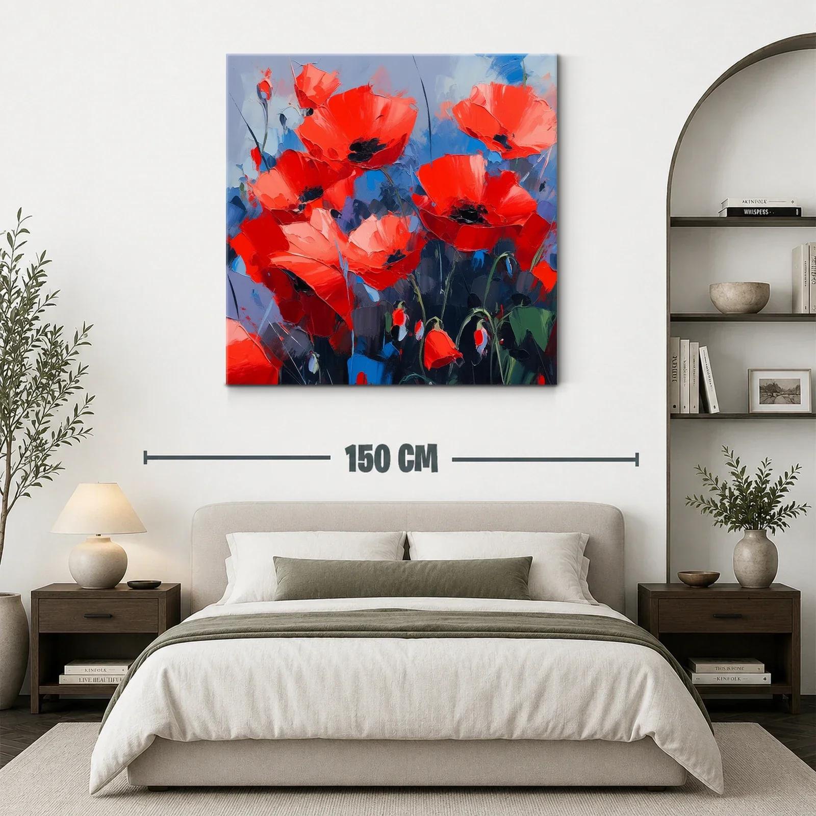 Cuadro vibrante con amapolas rojas sobre fondo azul — miniatura 3