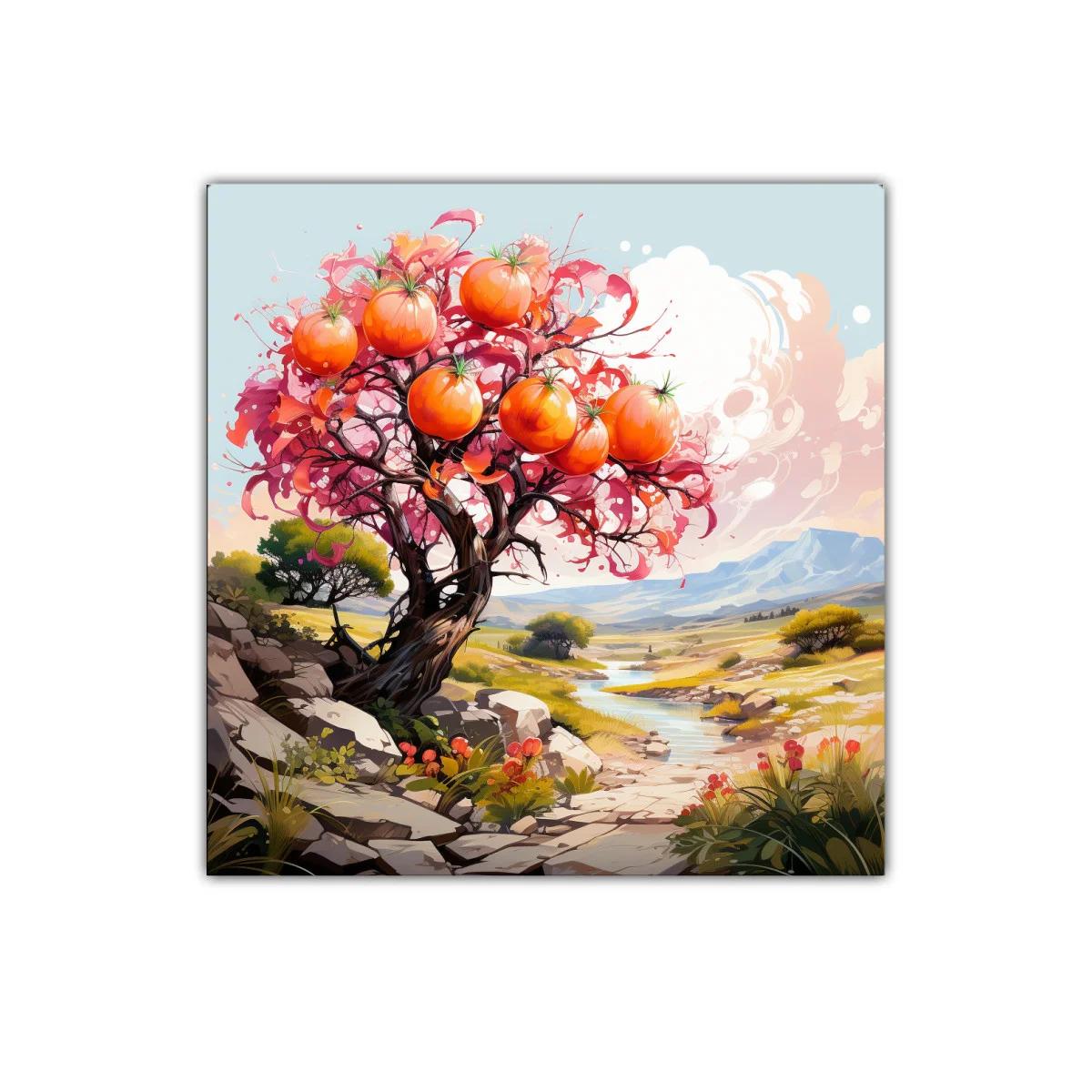Árbol de frutos naranjas en paisaje sereno y colorido