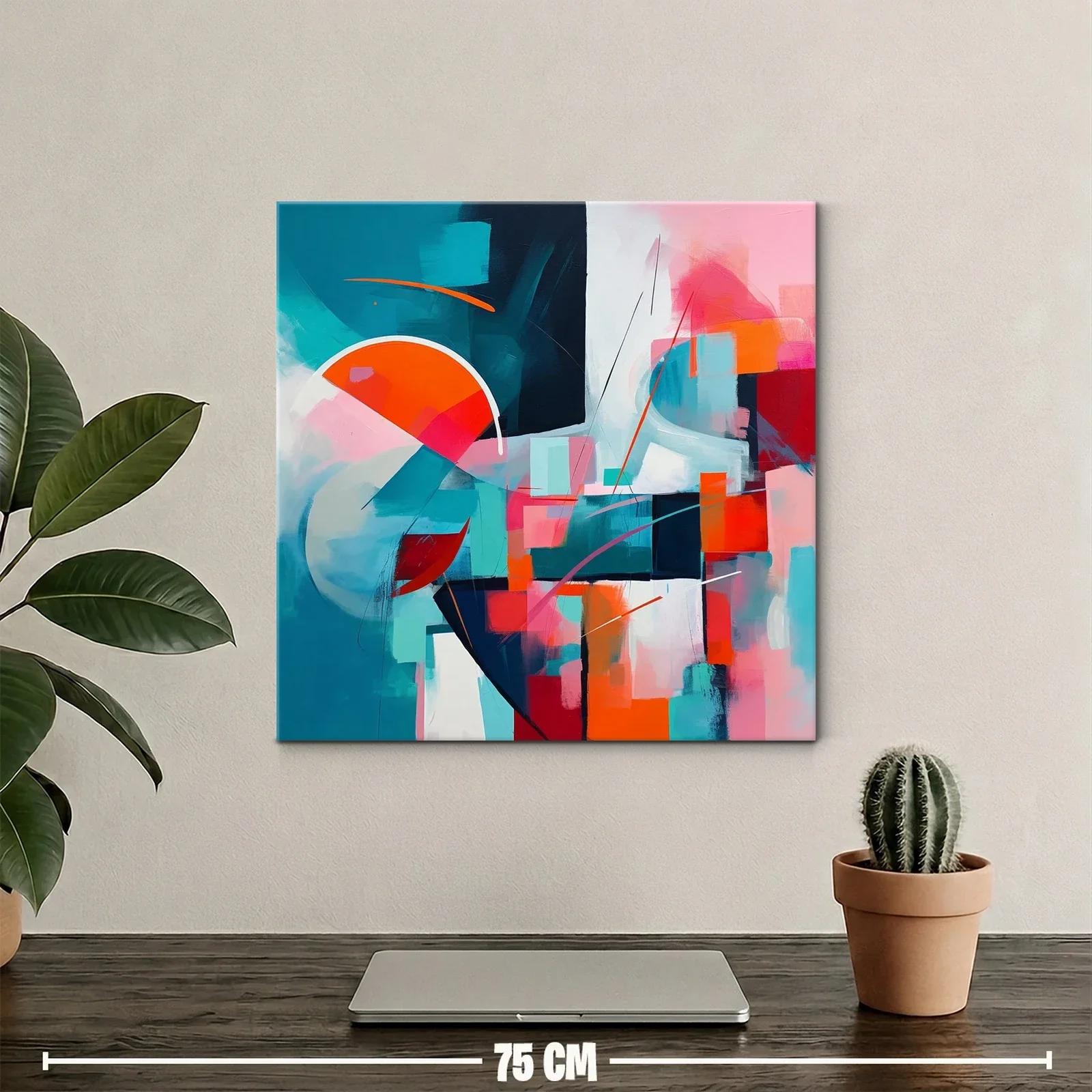 Cuadro abstracto con vibrantes formas geométricas en tonos turquesa y naranja — miniatura 2
