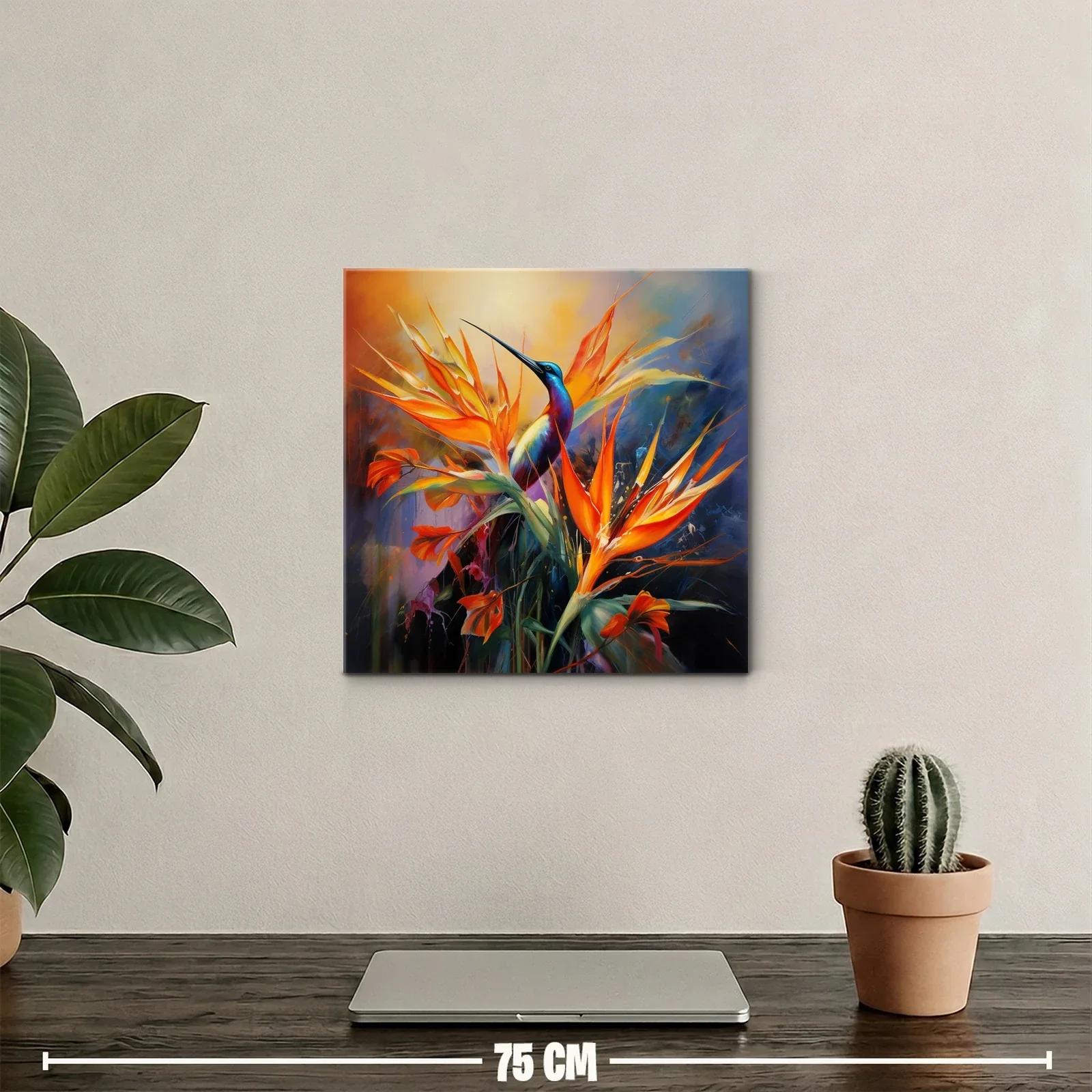 Vibrante cuadro con ave y flores tropicales en tonos cálidos — miniatura 2