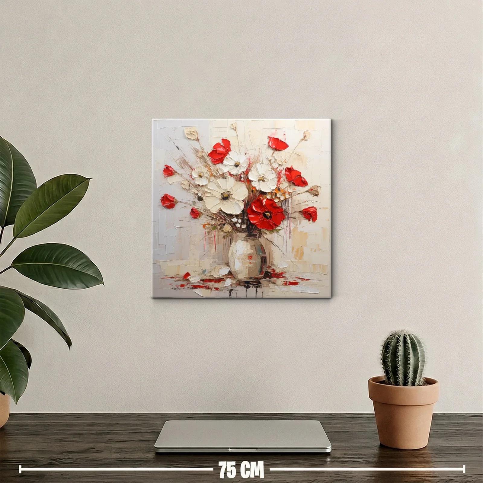 Ramo vibrante de flores rojas y blancas en jarrón neutro — miniatura 2