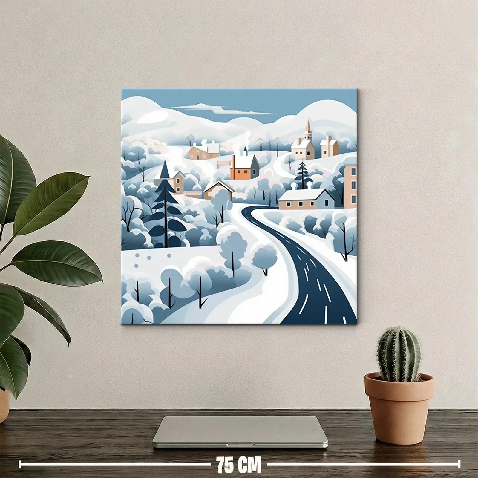 Paisaje invernal con carretera serpenteante y casas — miniatura 2