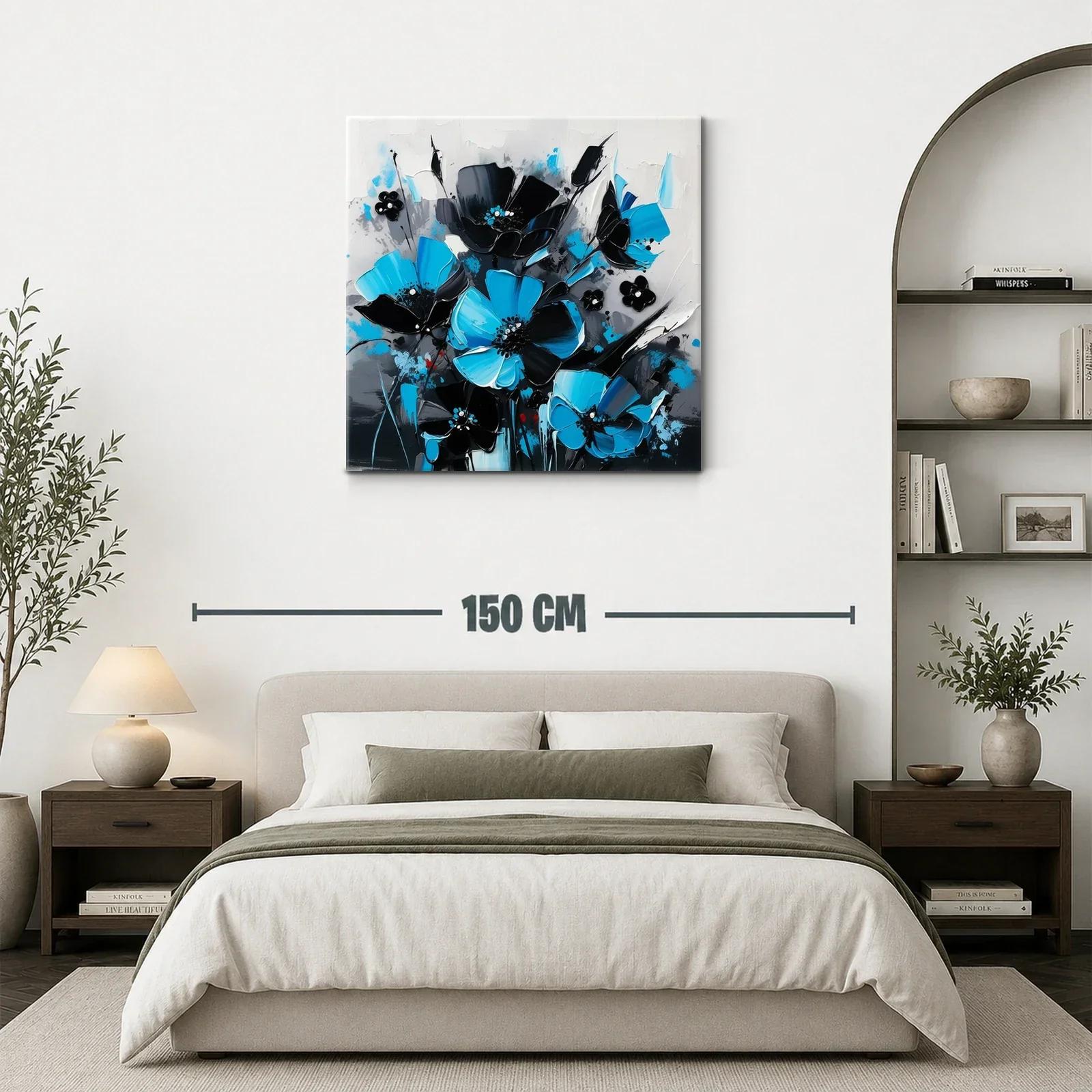 Cuadro floral moderno en tonos azul y negro vibrante — miniatura 3