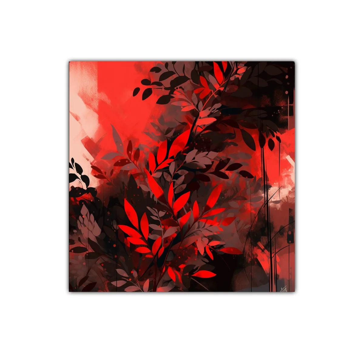 Cuadro decorativo con hojas rojas sobre fondo oscuro — imagen principal