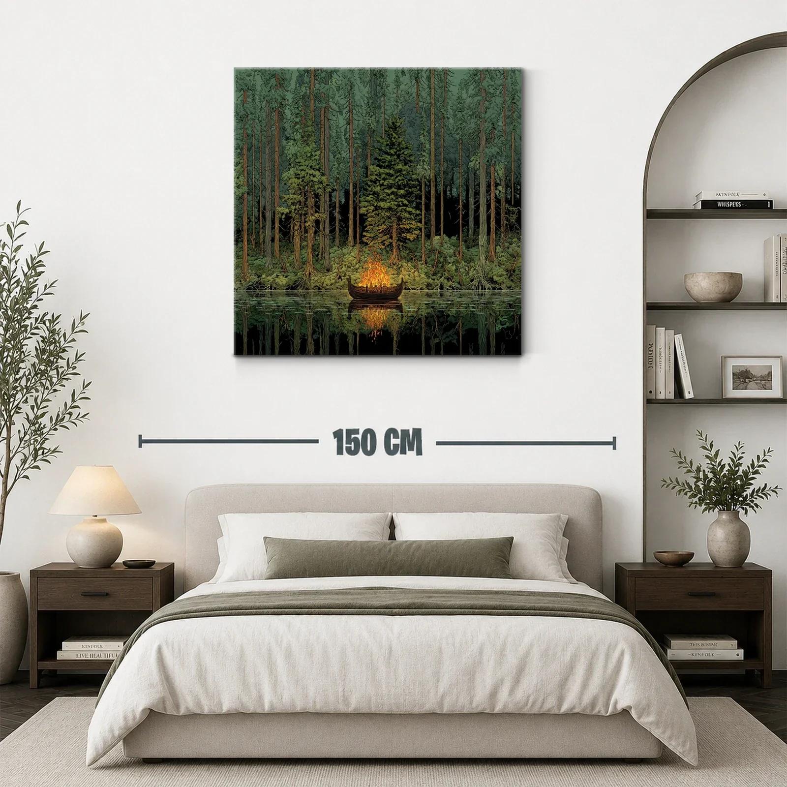 Bosque profundo con barca en fuego sobre agua tranquila — miniatura 3