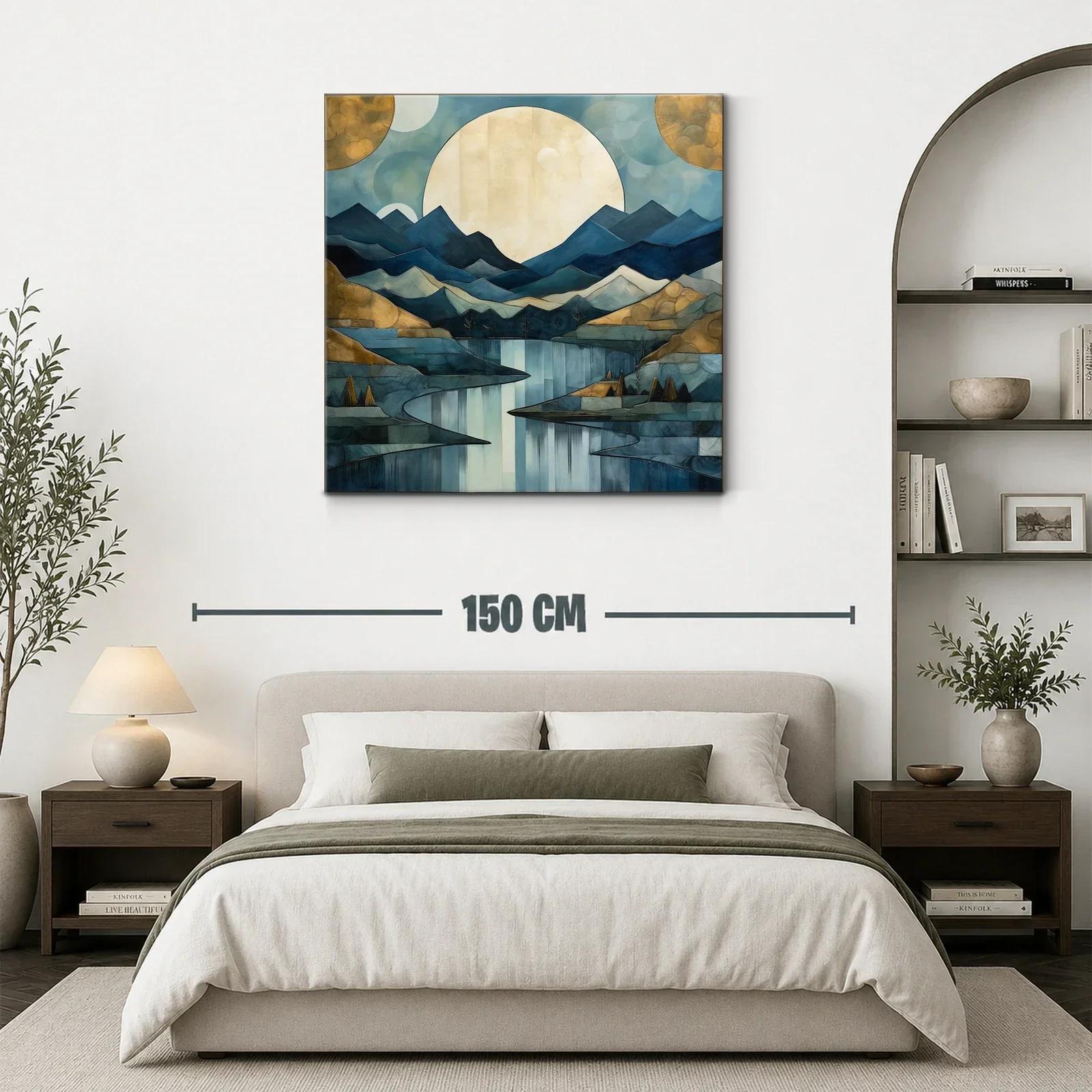 Paisaje montañoso con luna llena en tonos azul y dorado — miniatura 3