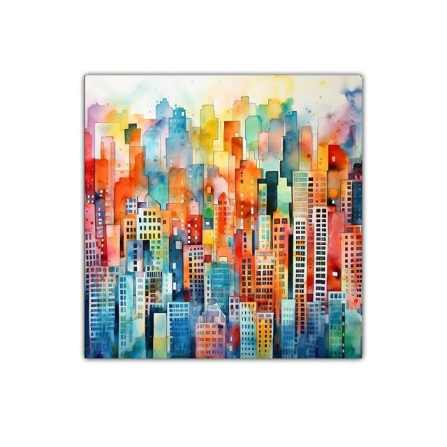 Ciudad vibrante con rascacielos en colores intensos y difuminados