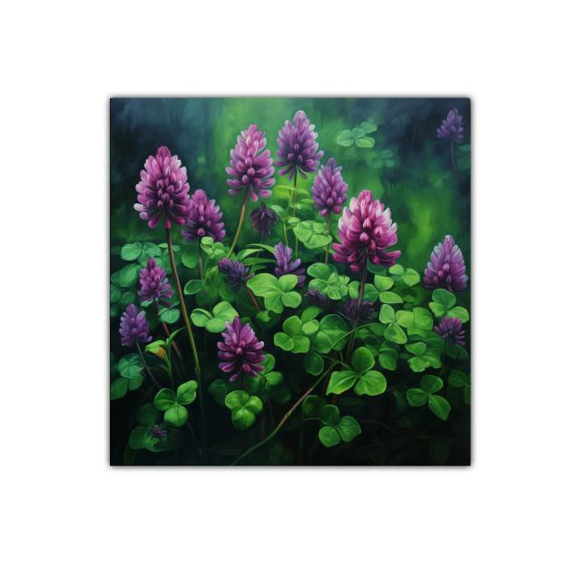Cuadro decorativo con flores moradas y hojas verdes