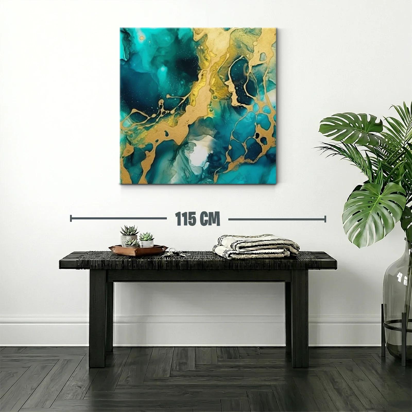 Cuadro abstracto con tonos turquesa y dorados vibrantes — miniatura 2