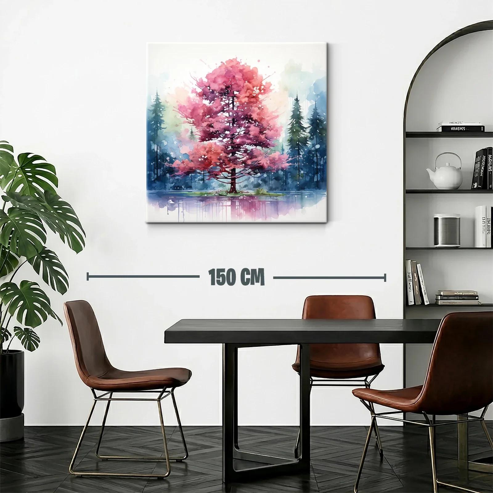 Árbol rosa en lago con fondo de pinos azules y verdes — miniatura 2