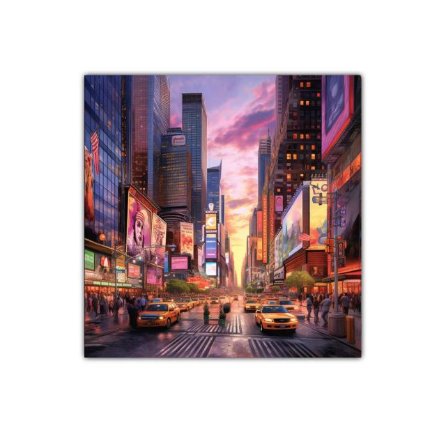 Atardecer vibrante en la ciudad con taxis amarillos