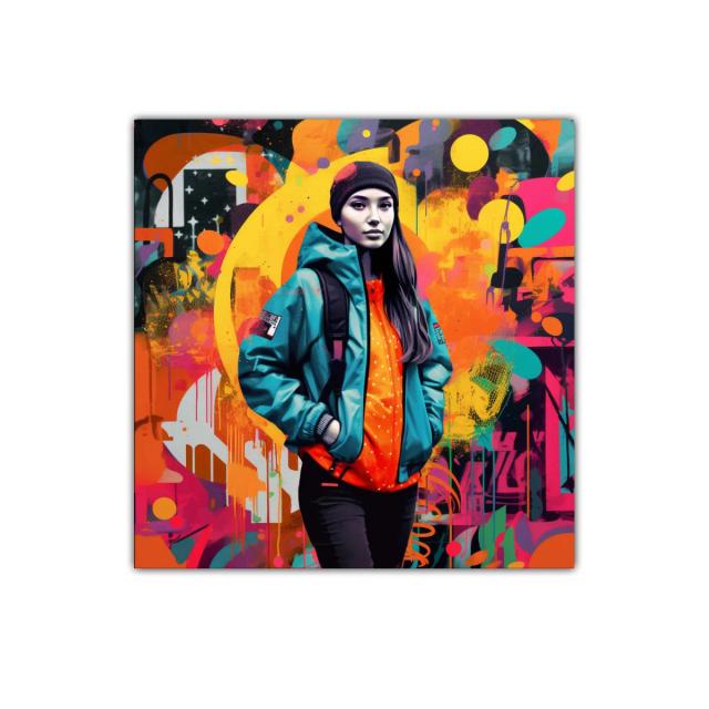 Retrato de mujer urbana con vibrantes colores de grafiti