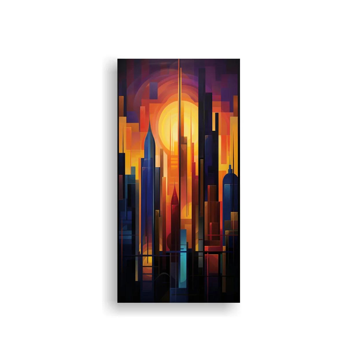 Cuadro skyline urbano al atardecer con sol brillante — imagen principal