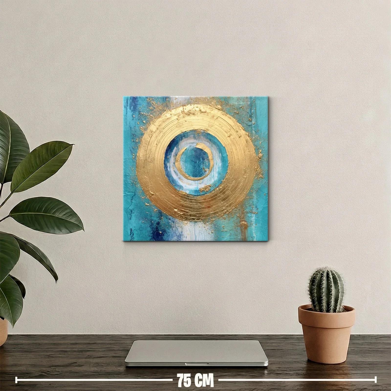 Cuadro abstracto con círculos dorados y fondo turquesa — miniatura 2