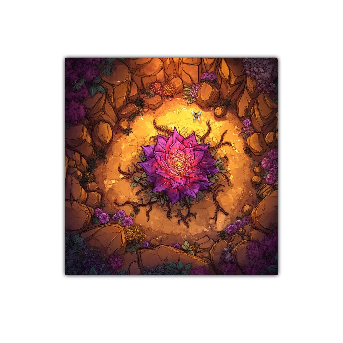 Flor luminosa rodeada de naturaleza en tonos cálidos y violetas — imagen principal