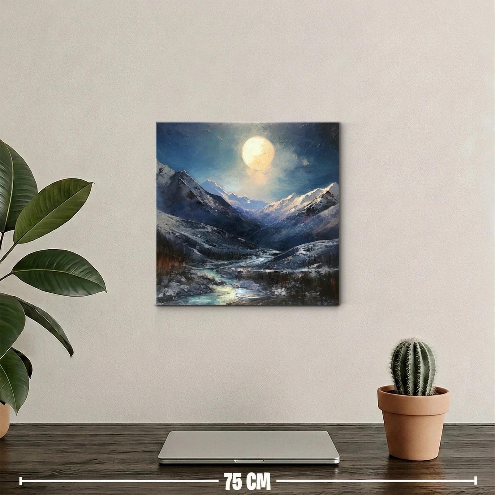 Paisaje nocturno con montañas nevadas y luna llena brillante — miniatura 2