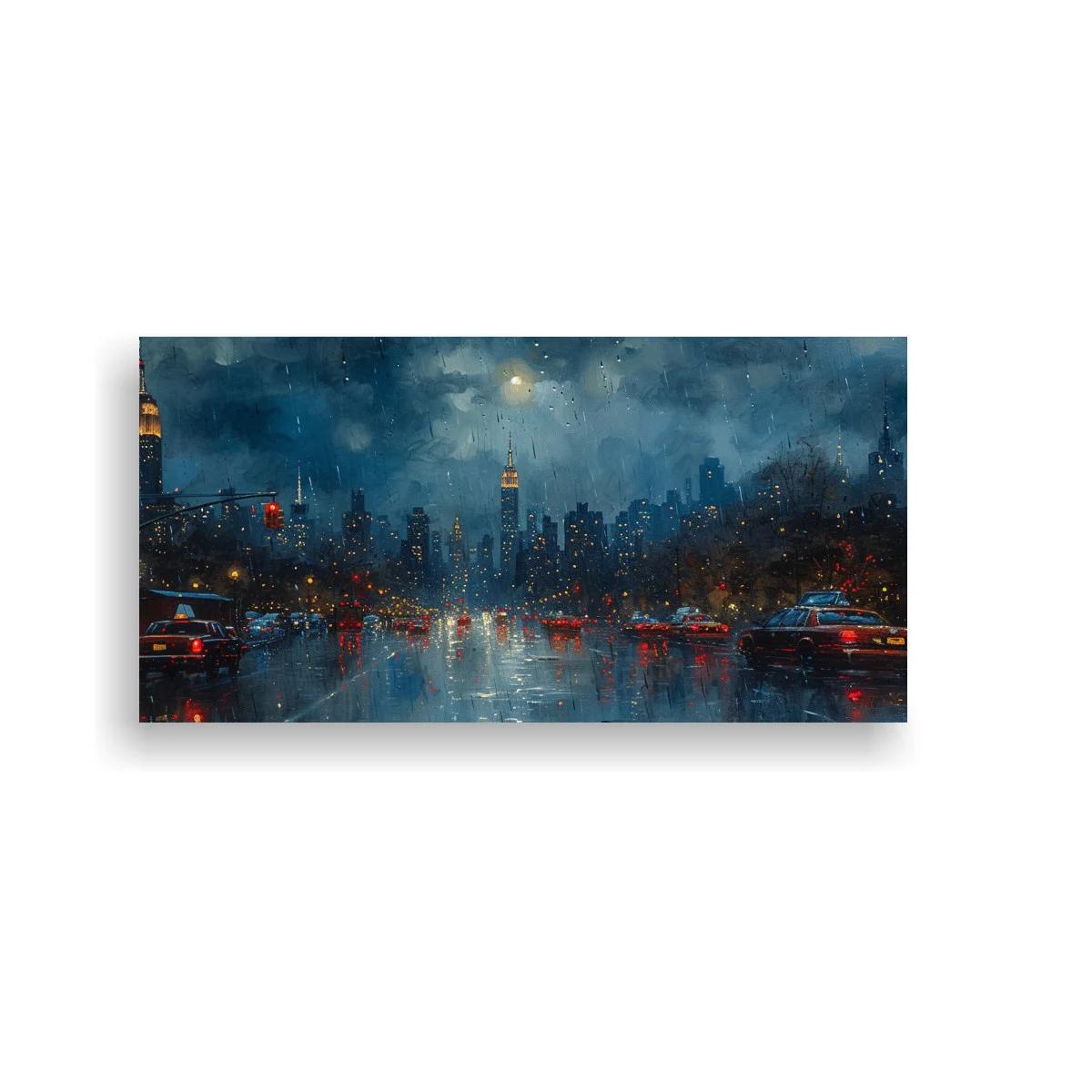 Cuadro skyline urbano nocturno con charcos y tráfico — imagen principal