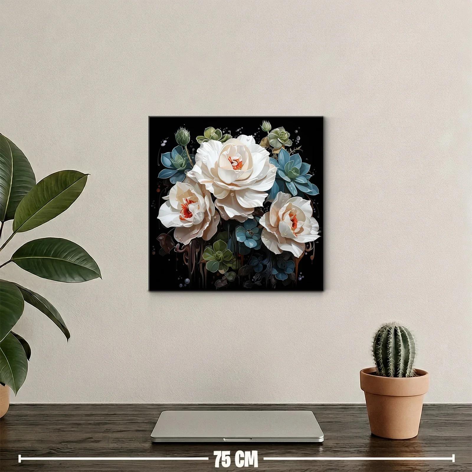 Ramo sofisticado de flores blancas y verdes sobre fondo negro — miniatura 2