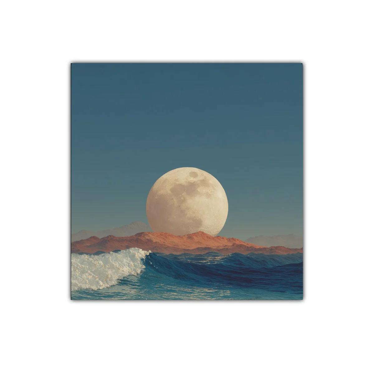 Cuadro con luna gigante sobre horizonte marino al atardecer — imagen principal