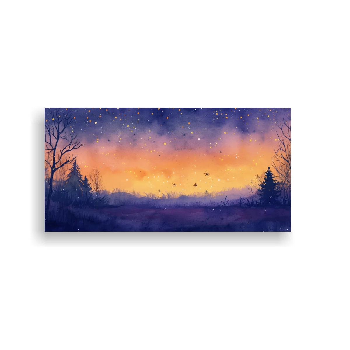 Cuadro paisaje de bosque al atardecer con aves volando
