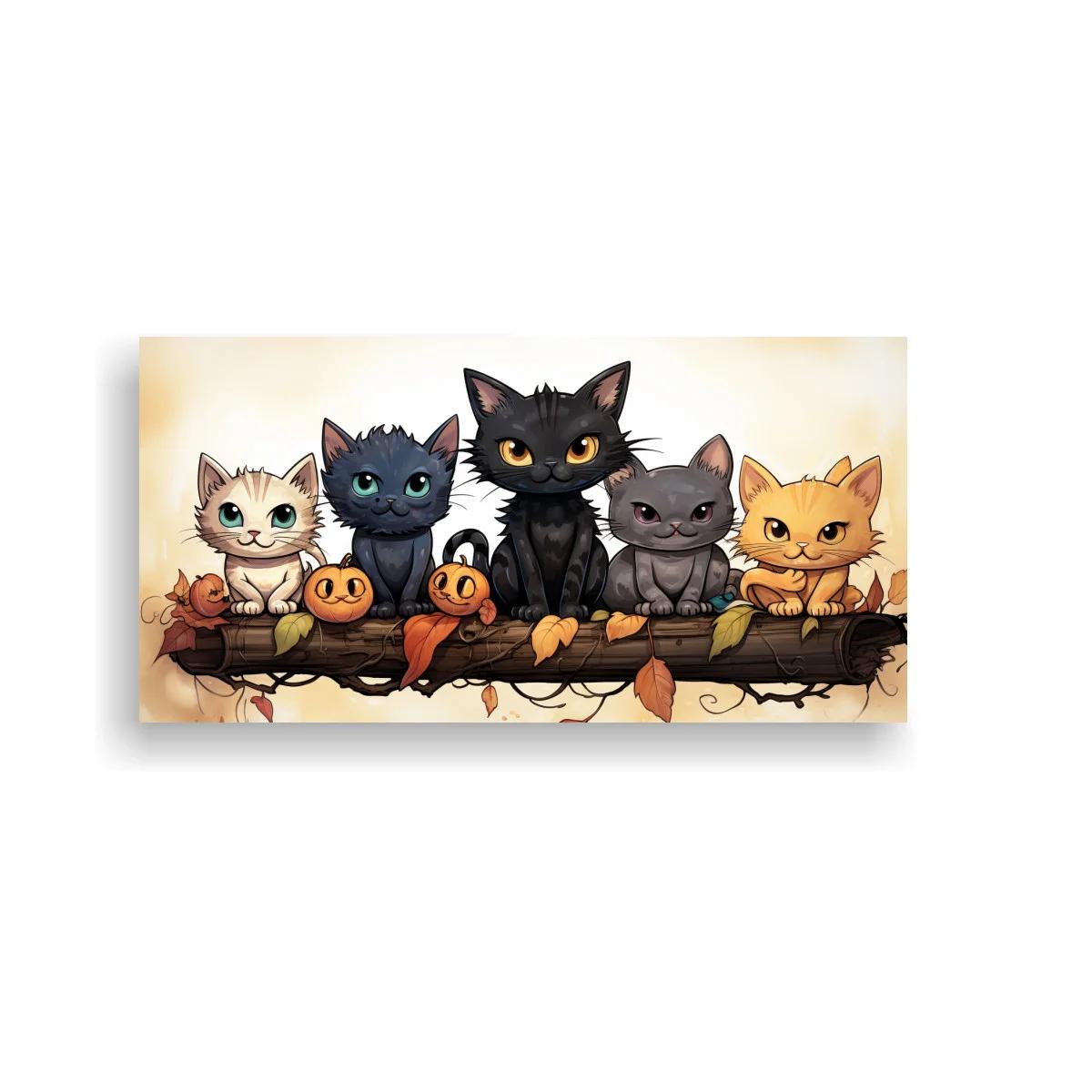 Cuadro cinco gatos en una rama con calabazas y hojas otoñales