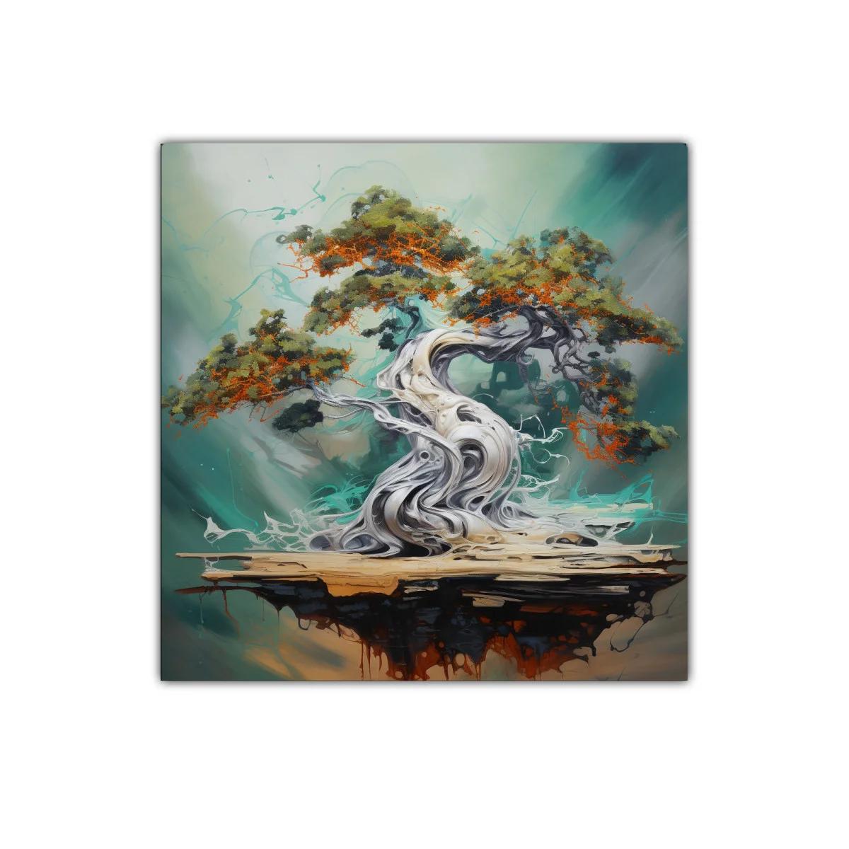 Árbol bonsái etéreo con ramas verdes y destellos anaranjados — imagen principal