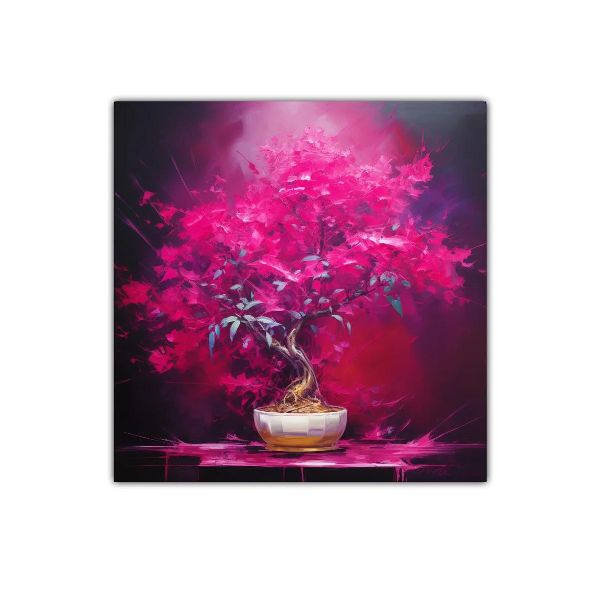 Cuadro decorativo con árbol bonsái de flores rosas vibrantes