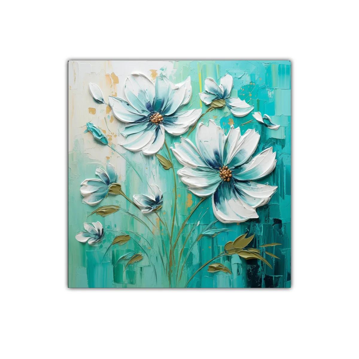 Cuadro floral en tonos turquesa y blanco con detalles dorados — imagen principal