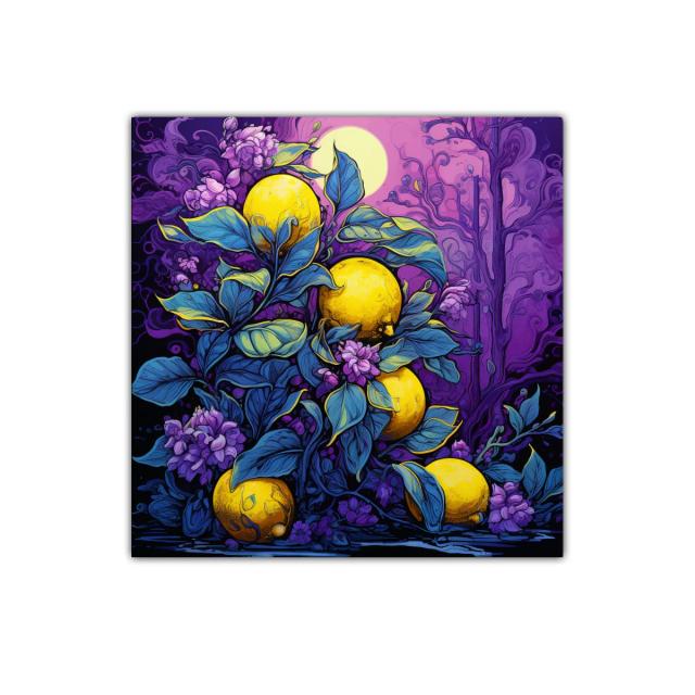 Cuadro decorativo de limones vibrantes y follaje azul