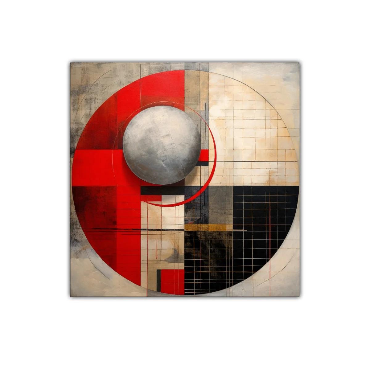 Composición geométrica moderna con esfera metálica y rojos vibrantes — imagen principal