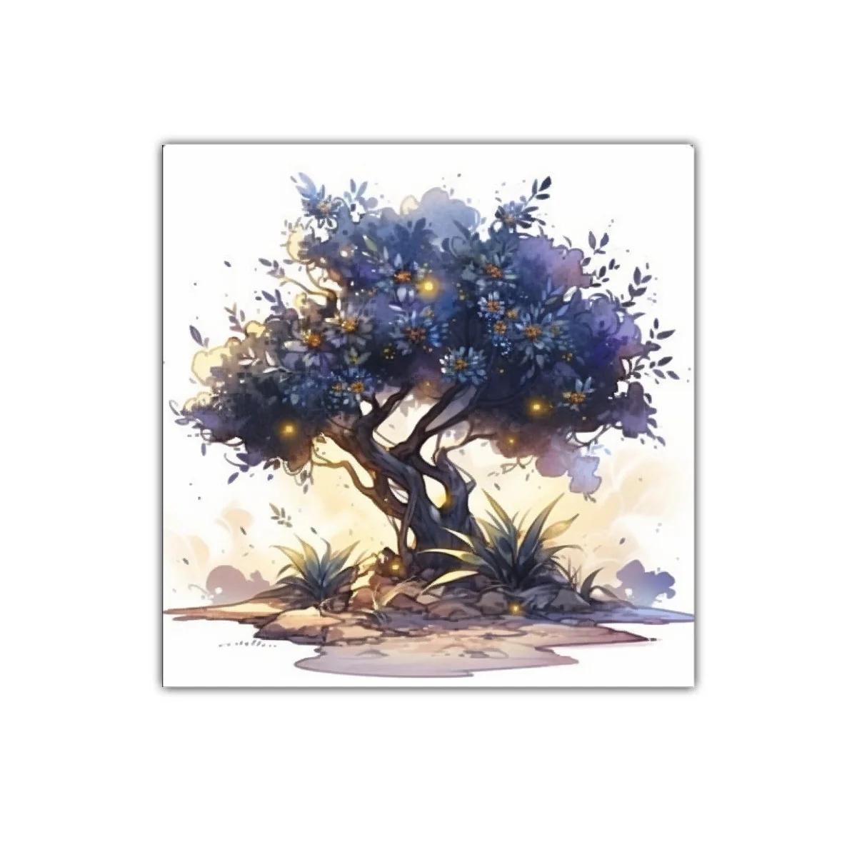 Árbol mágico con flores azules y luces doradas