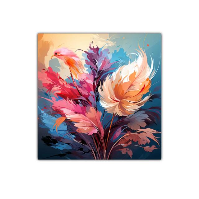 Cuadro floral vibrante con tonos cálidos y fríos