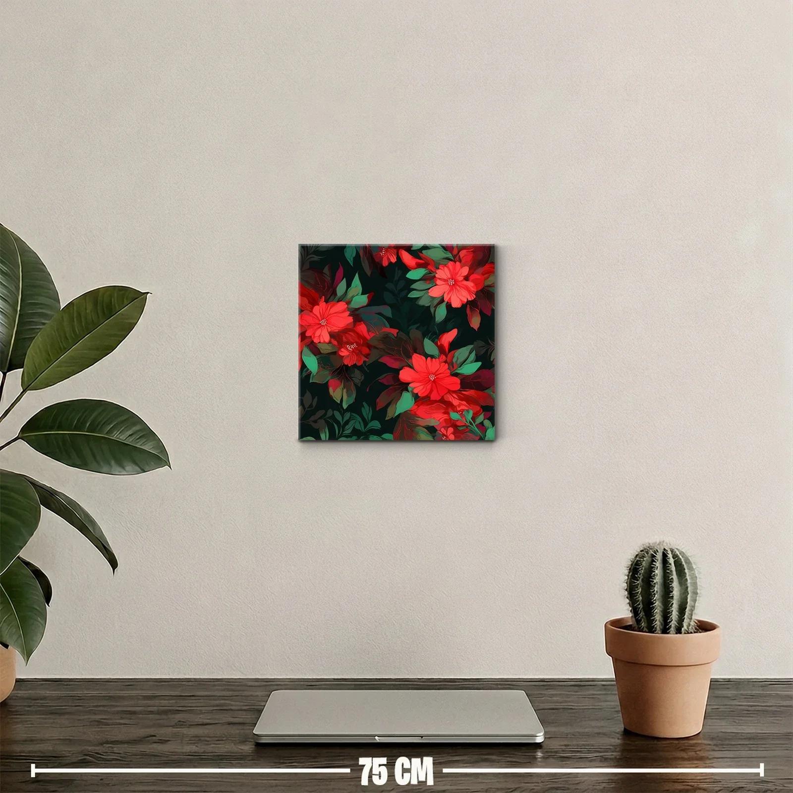 Cuadro decorativo con vibrantes flores rojas y hojas verdes — miniatura 2
