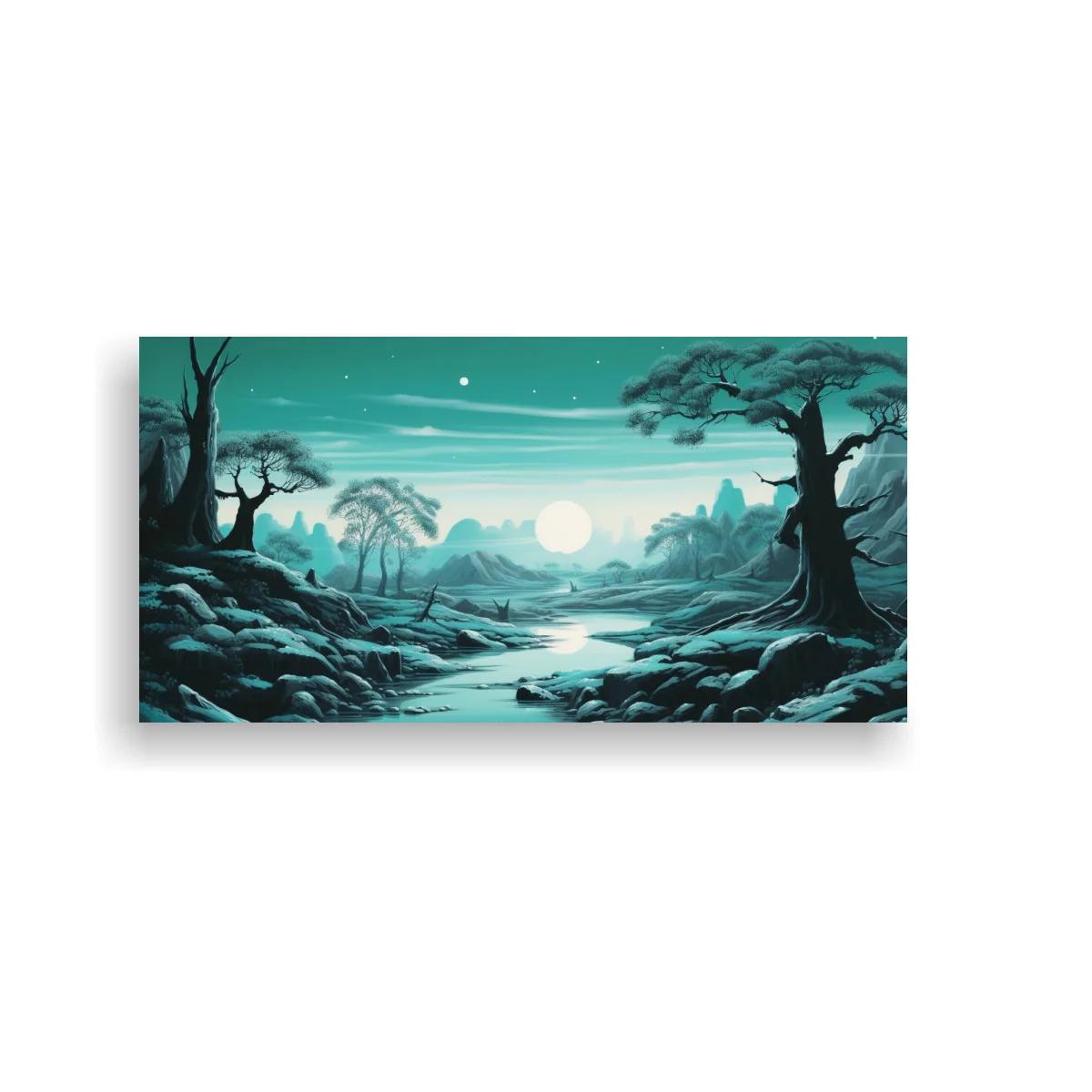 Cuadro paisaje nocturno con río serpenteante y luna llena