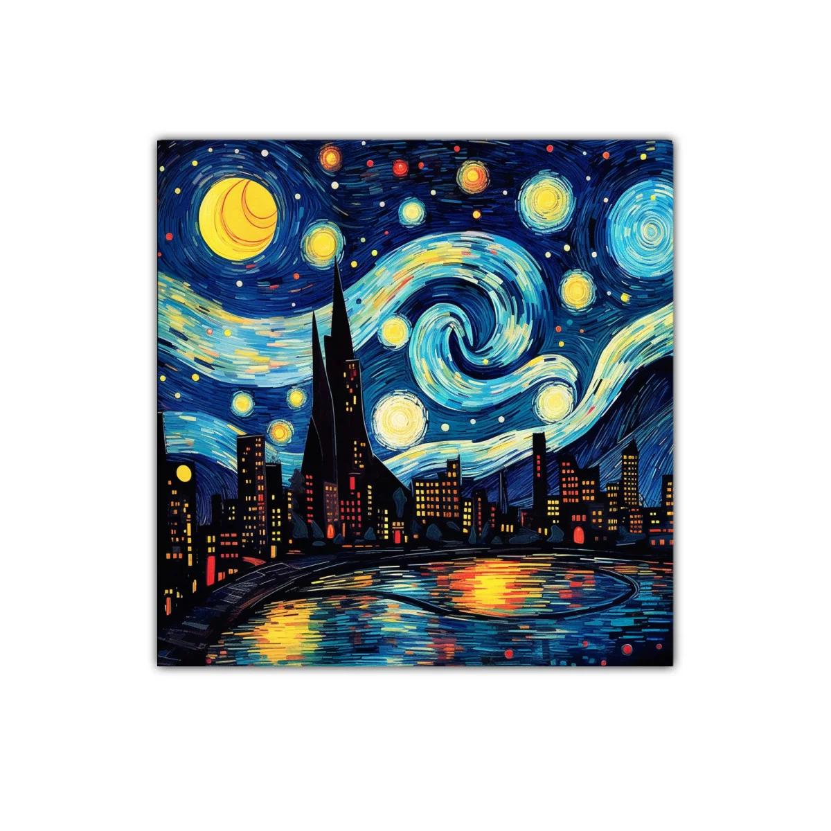 Paisaje nocturno urbano con estrellas vibrantes y reflejos