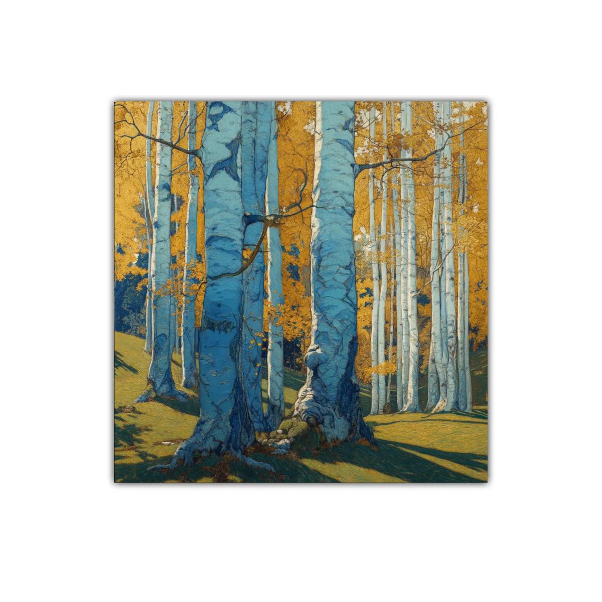 Bosque de abedules bajo luz dorada y sombras azules