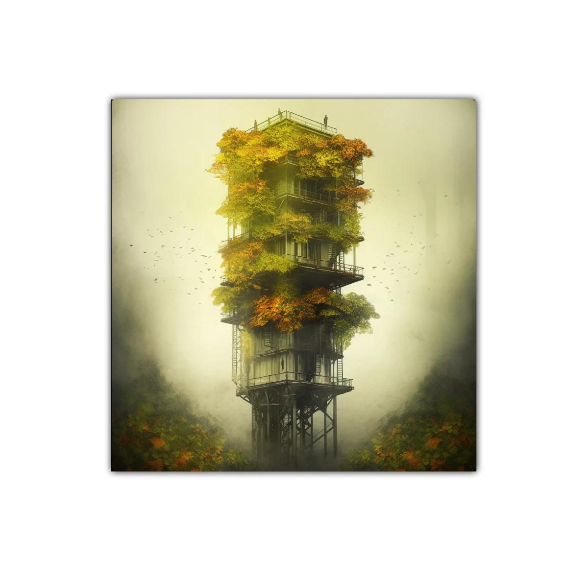Torre mágica envuelta en follaje otoñal y misterio