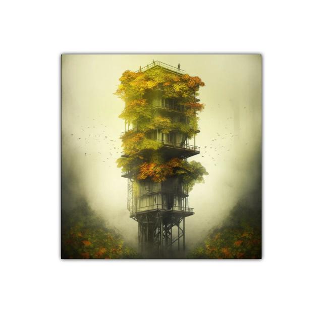 Torre mágica envuelta en follaje otoñal y misterio